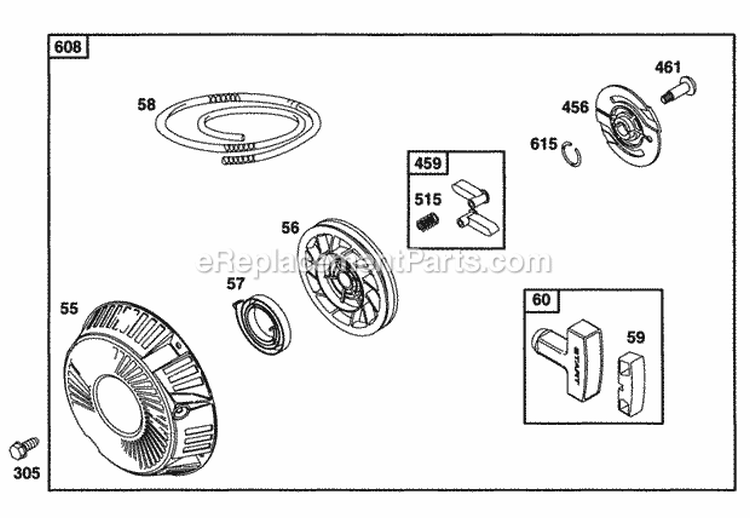 Rewind Starter Assy Diagram and Parts List for  Briggs and Stratton Engine